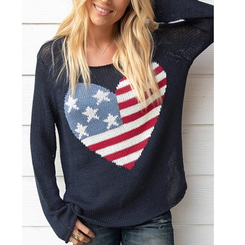 Image of Women American Flag Sweater Loose Vintage USA Sweatshirt Long Sleeve Crewneck Hollow Out 4th of July Jumper