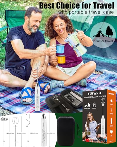 Image of YUSWKO Rechargeable Milk Frother Handheld Frother Wand Drink Mixer for Coffee, Electric Whisk 3 Speed Adjustable, Coffee Foamer Maker with 3 Stainless Whisks Ideal Stirrers for Travel - White