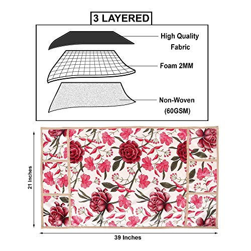 Image of Combo Set of 1 Pc Fridge Top Cover With 6 Utility Pockets and 3 Pc Fridge Mats (Red, Set of 4)