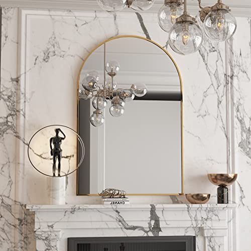 Cassilando Arched Mirror, 20"×30" Arched Bathroom Mirror, Metal Frame Mirror, Unique Wall Mounted Mirror, Gold Vanity Mirror For Living Room, Fireplace, Bedroom, Entryway #TOP4