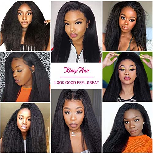 Image of KLAIYI V Part Kinky Straight Human Hair Glueless Wear and Go Wig Upgrade U Part Wigs for Women No Glue No Leave Out Yaki Straight None Lace Front Clip In Half Wig Ready to Go Beginners 24Inch