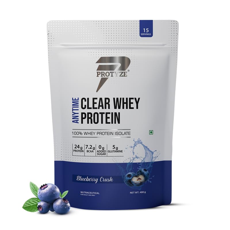 Image of Anytime Clear Whey Protein Isolate 480gm | 24g Protein Per Scoop | Blueberry Crush, 15 Servings | ISO & HACCP Certified | Lean Muscle Growth, Easy Digestion & Refreshing
