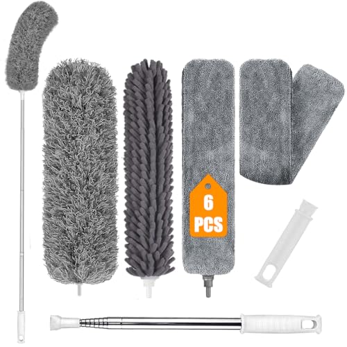 Extendable Feather Duster 6PCS Kit with 30-100 Inch Telescopic Pole, Detachable Bendable and Reusable Gap Hand Crevice Brush for Cleaning Dust on High Ceiling Fans Lights Blinds Cars Furniture