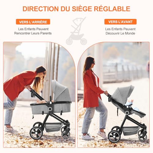 Cochecito 2 en 1, compacto y ligero, plegable, con asiento reclinable, capazo ajustable, para todo tipo de terrenos, 0-3 años (Gris) - imagen 4