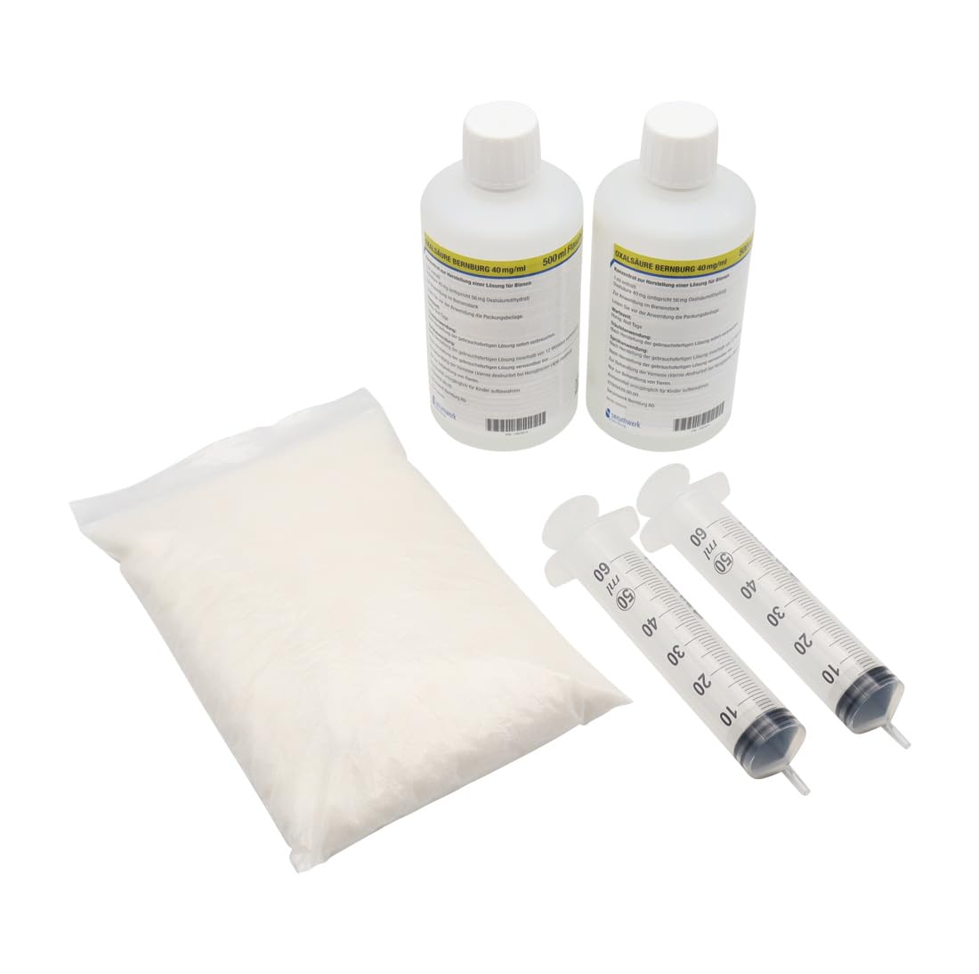 BIENE24 Oxalsäuredihydrat-Lösung Set 3,5% (m/V) gegen Varroamilbe (2x 500 ml Flaschen) Oxalsäure inkl. Spritzen von Serumwerk für Bienen Imkerei Imker
