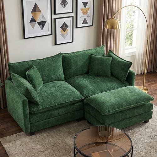 Image of 78 inch Modular Sectional Sofa, L Shaped Cloud Couch with Ottoman | Comfy Chenille Deep Seat Sofa with Throw Pillows, 3 Seat Modern Couches for Living Room Bedroom Apartment, Green, 78 inch L