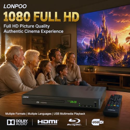 Image of LONPOO 1080P HD Blu-Ray DVD Player for TV (Metal Enclosure) | Home Theater CD DVD Blue Ray Player, Built-in PAL /NTSC, HDMI /AV Cable /Remote Control Included (Metal Enclosure)