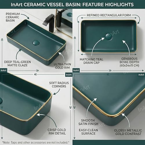 Image of Inart Ceramic Wash Basin | Counter Top Basin | Living room or Bathroom Table Top Basin | Green Matt Color 60 x 34 x 11 CM