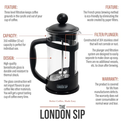 Image of The London Sip Glass French Press Immersion Brewer Coffee Press Stainless Steel Filter System, 12oz, Black