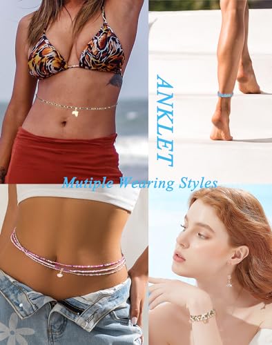 Tornito 8Pcs 31.5 Inches African Waist Bead Chain Elastic Belly Beads Butterfly Shell Layered Body Chain Colorful Jewelry Accessories for Women4