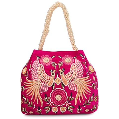 LONGING TO BUY Indian Peacock Embrodiery Potli Bag With Both Side Hand Work, Fancy Potli Bag for Women (Magenta) Cover