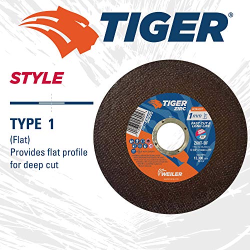 Image of Weiler 58005 4-1 /2 Inch Cutting Wheel, Tiger Zirc Steel /Metal Ultracut 1 mm Fast Cut & Long Life High Performance Thin Cutting, 1mm Z60T Type 1 7 /8 inch Arbor, Pack of 50