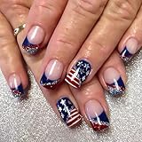 4th of July Press on Nails Short Square Independence Day American Flag Fake Nails with Star Glitter Red Blue Glossy False Nails Press ons Bling Reusable Acrylic Nails Stick on Nails for Women 24 Pcs