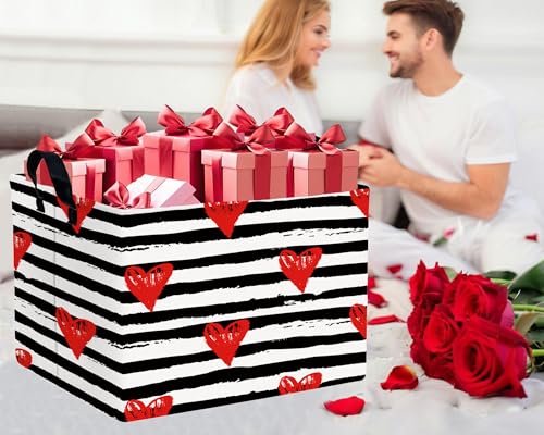 Image of Valentines Day Basket for Kids Heart Shaped Empty Storage Bins for Gifts with Handles Room Decor (Black Dash Red Love)