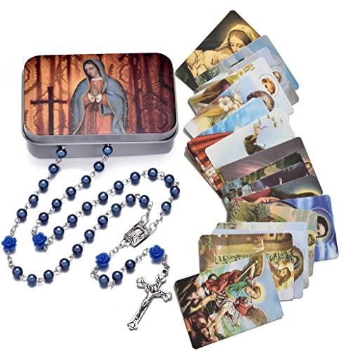 Rosary Beads Catholic for Women and Men Rose Our Father Beads Saint Medal Cross Crucifix with Metal Box and 18pcs Prayer Cards - Blue