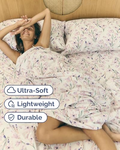Image of Queen 4 Piece Boho Botanical Floral Sheet Set - Breathable & Cooling - Iris | 1 Flat, 1 Fitted & 2 Pillowcases w / Deep Pockets, Boho Botanical Floral Bedding, Breathable & Cooling, Wrinkle & Fade Free