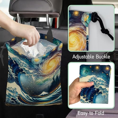 Image of Sea Wave Car Trash Bag,Night Starry Sky Hanging Drawstring Car Garbage Bag,Waterproof Canvas Car Back Seat Organizer with Adjustable Buckle,for Vehicles,SUVs,Camping,Road Trips
