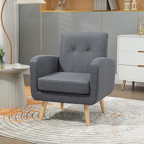 HOMCOM Einzelsessel Relaxsessel Polstersessel mit Leinenoptik, Fernsehsessel im Moderndesign, Armlehnensessel mit Sitzkissen, Holzbeine, für Wohnzimmer, Schlafzimmer, Hellgrau – Bild 8