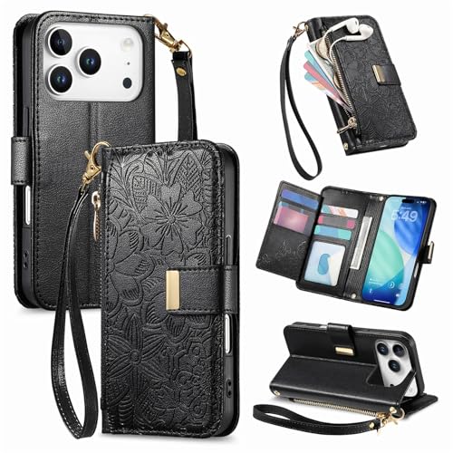 Étui portefeuille iPhone 17 Air cuir fleur de luxe noir