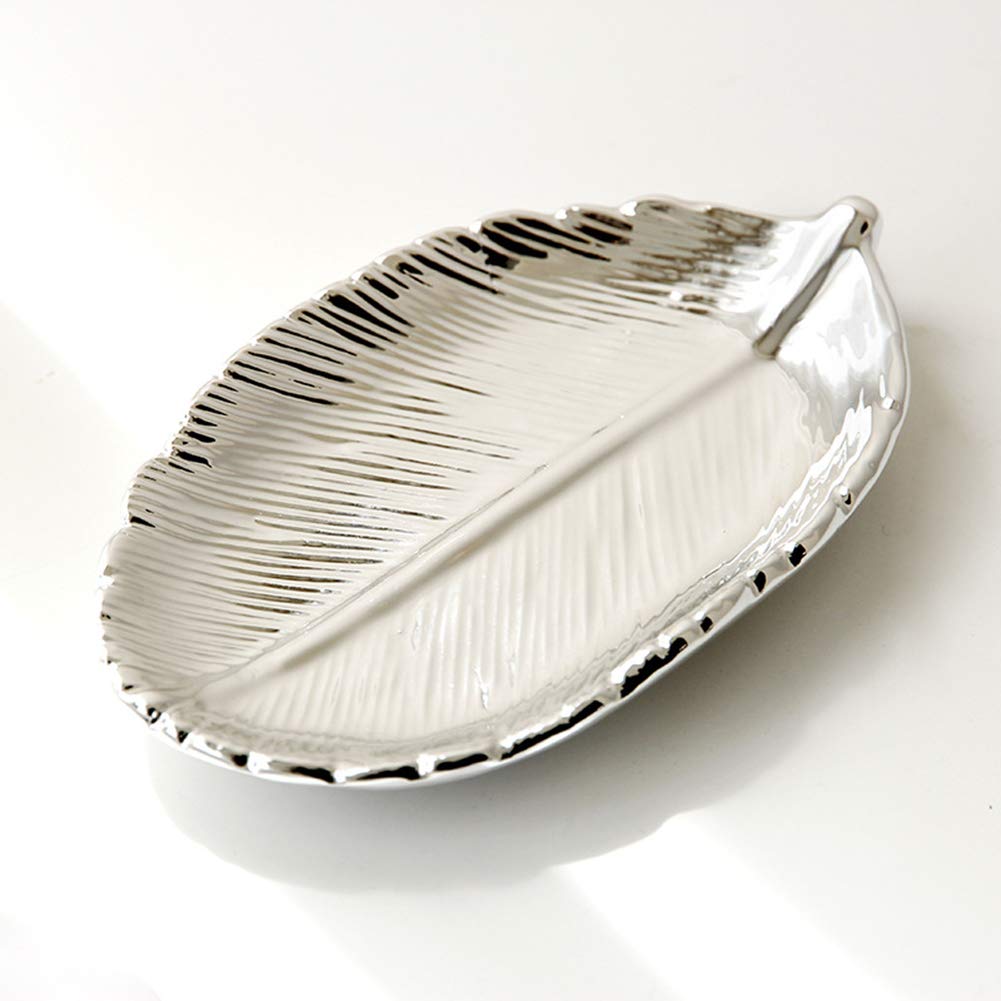 AKOAK 1 Pack Ceramic Silver Leaf-Shaped Jewelry/Keys/Small Objects Storage Tray, Candy, Snack Tray, Photo Props Home Decor Mini Accessories (Silver)