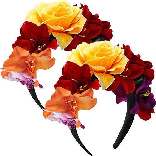 2 Pack Day of The Dead Headband Mexican Flower Crown Floral Hair band Garland for Cinco de Mayo party, Frida Kahlo Halloween Costume, Wedding, Dead and Fiesta Themed Party (Frida Kalo Crown)