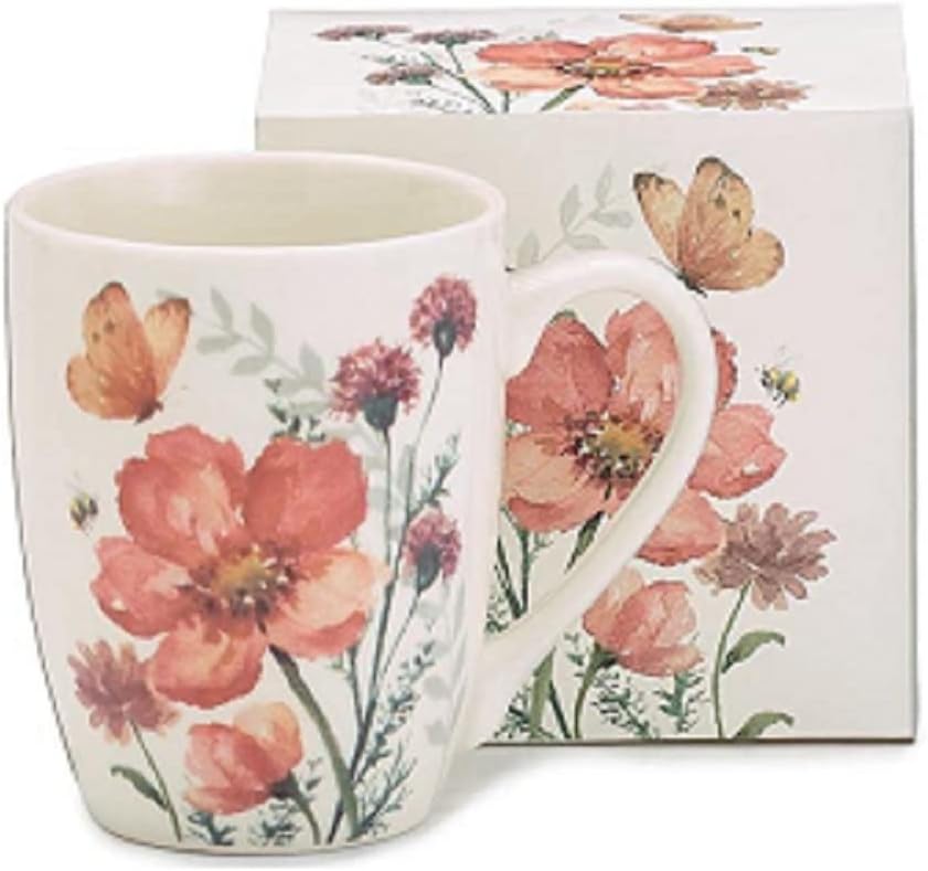 Mauve Wildflower and Butterfly Mug, 12 Oz, Porcelain, Kitchen Accessories
