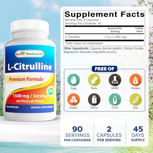 Image of Best Naturals L-Citrulline Capsules - 1500mg /Serving - Non-GMO - Gluten Free - 90 Capsules (90 Count (Pack of 1))