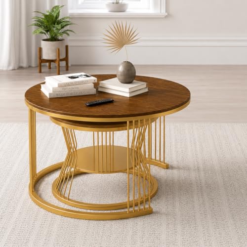 Image of NEST NATURE HAVEN Round Coffee Table, Modern Nestings Table Set of 2, Sofa Side Table with Marble Veneer Top and Metal Frame, End Table for Living Room Bedroom Home or Office (Golden Brown)