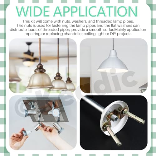 Keadic 140Pcs M10 Lamp Repair Hardware Assortment Set W Nuts Washers, 20/30/40/50/60/70/80mm Zinc Plated Hollow All Threaded Lamp Pipe for Chandelier Ceiling Light (1.0 Pitch)