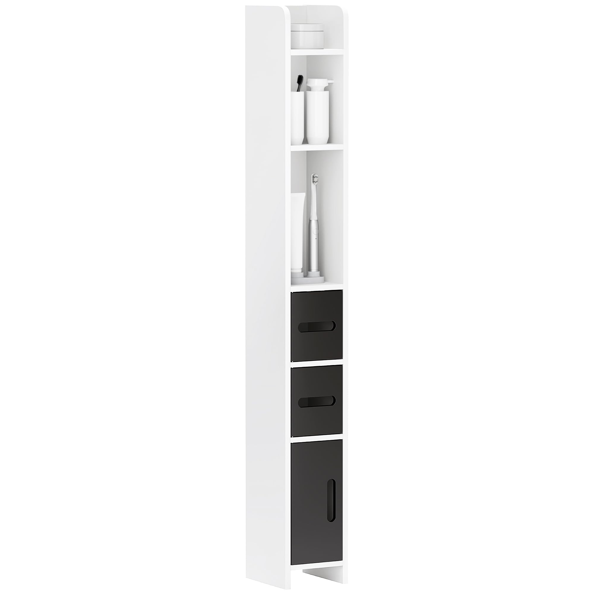 kleankin Mobiletto Bagno Salvaspazio a Colonna con 3 Mensole e 3 Armadietti, Colonna Bagno in Legno per Salotto, Soggiorno, Cucina, 15x17x120 cm, Bianco e Nero