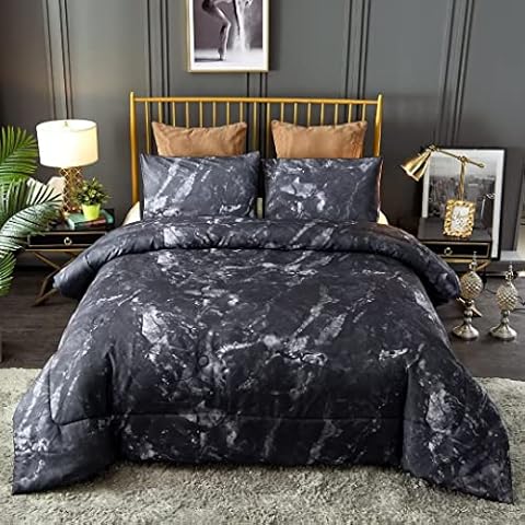 Mucalis Black Comforter Set Queen Marble Pattern All Season Microfiber Comforter for Full/Queen Bed 3 Pieces Modern Bedding Set(1 Comforter+2 Pillowcases)-Ultra Soft,Comfy Cover