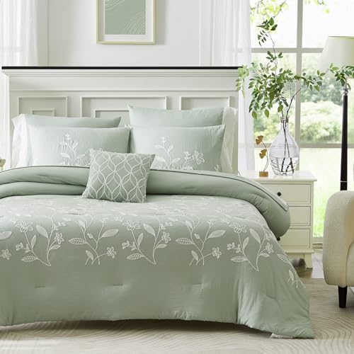 MaiRêve Green Embroidery Comforter Set King Size with Sheets 7 Pieces, Floral Farmhouse King Size Bedding Set, All Season Bedding Set with Comforters, Sheets, Pillowcases & Shams, Bed in A Bag King - Image 2