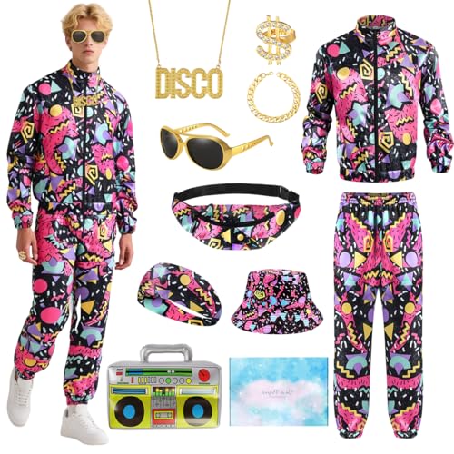 COYBTO Disfraz Años 80 Hombre, Ropa Deportiva de Los Años 80 90 con Chaqueta Pantalones Retro Accesorios, Ropa Años 80 Disfraz, Conjunto Deportivo Años 80 para Carnaval Cosplay (Rojo, M)