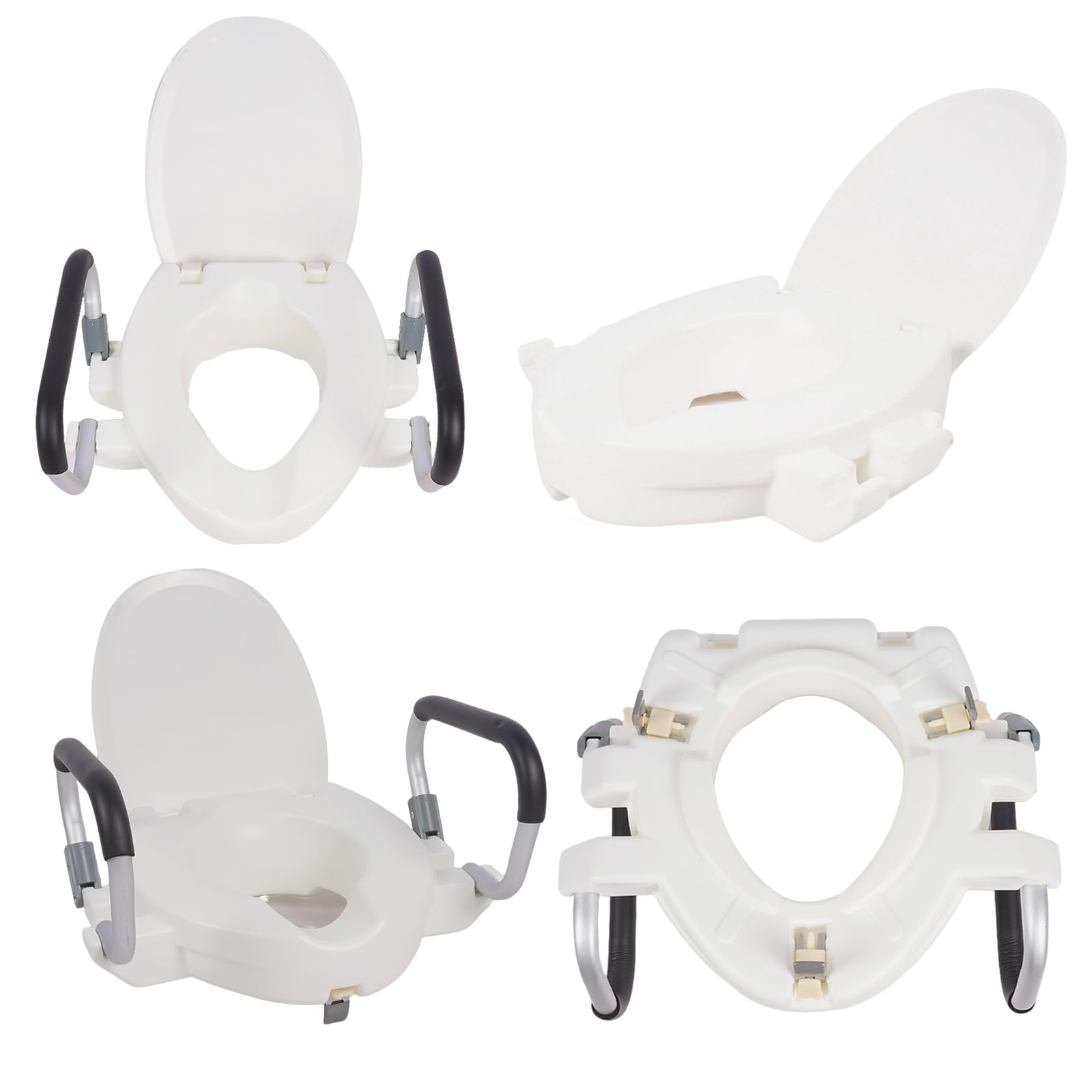 Toilettensitzerhöhung für Erwachsene mit Armlehnen und Deckel, Erhöhter Toilettensitz für Erwachsene, Erhöhter Toilettensitz mit Deckel, Toillettenaufsatz für Senioren, Breite Einstellbar (10cm hoch)