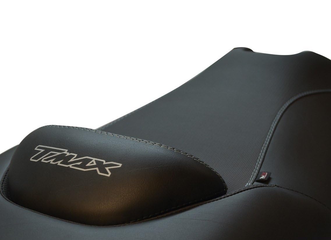 Funda de Asiento Compatible con Yamaha T-MAX 500 2001-2007 Color Negro con Costuras Grises y Logo Gris