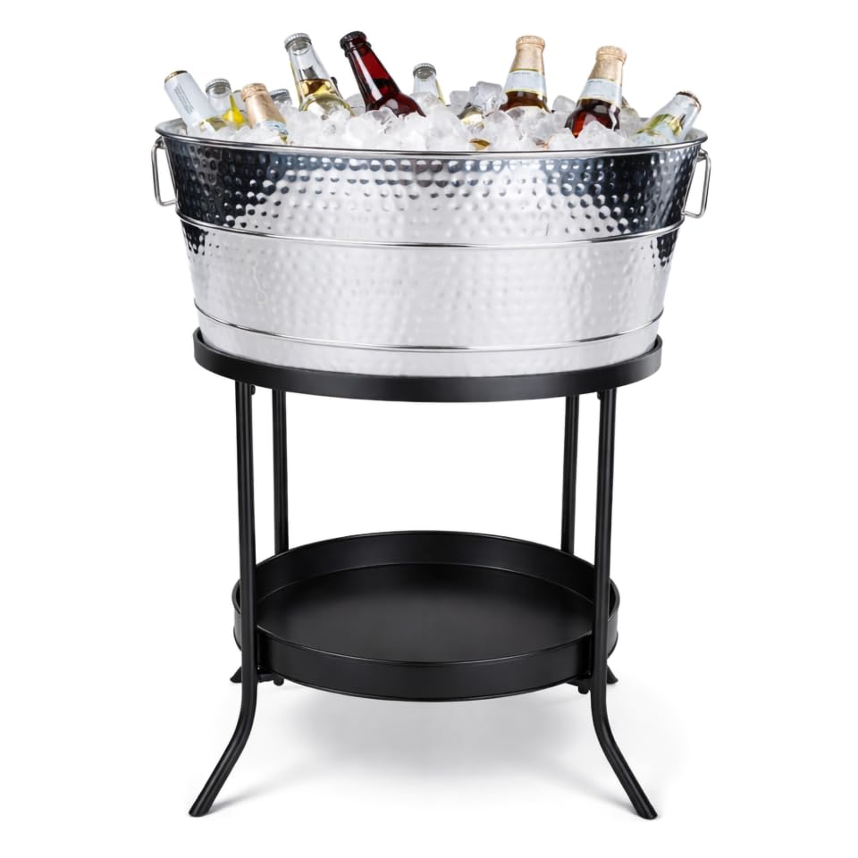 BREKX Aspen Stainless Steel Metal Beverage Tub with Stand for Parties & Gifts, Large Steel Drink Tub for Parties with Bottom Tray Storage
