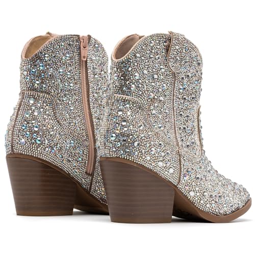 Image of YAYONE Rhinestone Zipper Sparkly Ankle Boots - Glitter Pointed Toe Fashion Comfortable Shoes, Pull on Chunky Heel Western Boots
