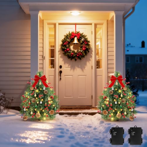 Lewondr Ensemble 2 Sapins Noël Préclairés 27,56", 50 DEL, Pommes Pin Baies Rouges