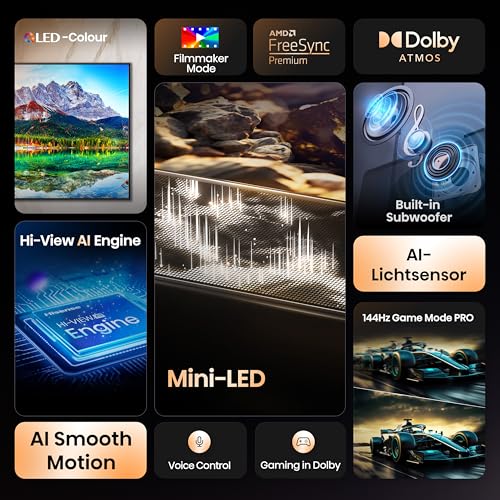 Hisense 65E89Q Fernseher, 65 Zoll (164cm), 4K ULED Mini LED, Smart TV, 144Hz Game Mode PRO, Hi-View AI Engine, AI Smoothmotion, Built-in Subwoofer, Dolby Vision.Atmos, Filmmaker Mode, Hi-Concerto 3