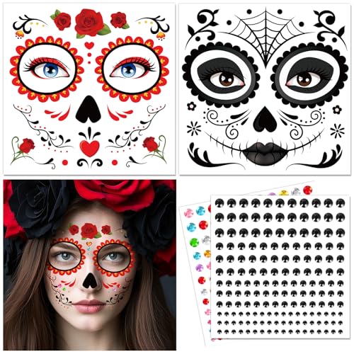 DPKOW Tatouage Halloween pour Visage avec Strass Visage, Tatouages Temporaire d'Crâne Accessoires de Deguisement d'halloween Maquillage pour Homme Femme Enfant Faux Tatouages DPKOW Tatouage Halloween pour Visage avec Strass Visage, Tatouages Temporaire d'Crâne Accessoires de Deguisement d'halloween Maquillage pour Homme Femme Enfant Faux Tatouages