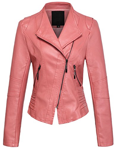 Chouyatou Women's Casual Collarless Cropped Pu Leather Biker Jacket (X-Large, Pink)