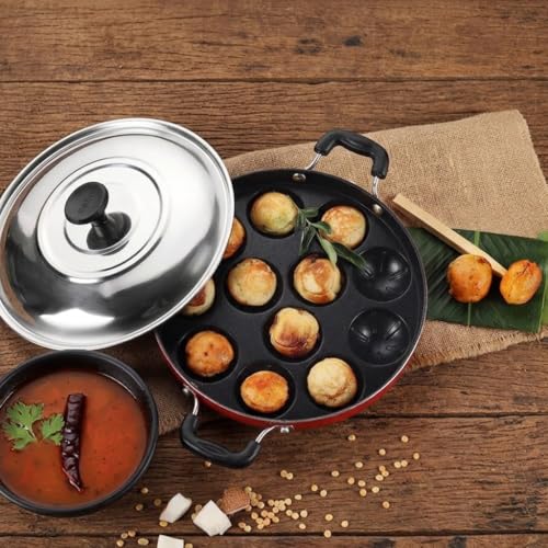 Image of Non-Stick Appam Maker & Paniyaram Pan, 12 Cavity Appam Patra with Stainless Steel Lid, Multi-Purpose Appe Pan for Home Kitchen