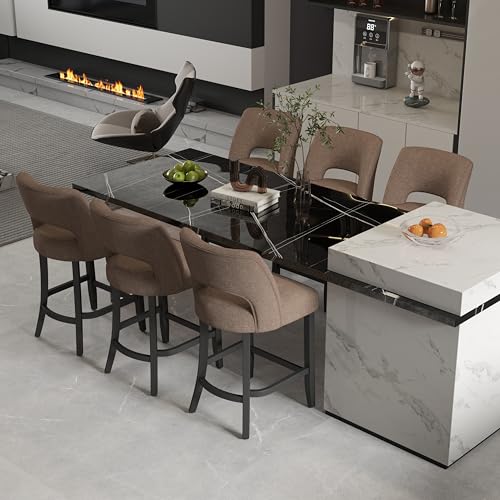 Image of VKNOW Bar Stools Set of 6, 26 inch Upholstered Counter Height Bar Stools, Modern Counter Stools with Black Legs for Kitchen Island Dining Room Bar, Brown-Black Legs