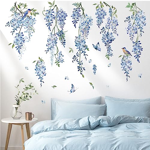 decalmile Pegatinas de Pared Flores Wisteria Azul Vinilos Decorativos Florales Plantas de Vid Colgantes Adhesivos Pared Dormitorio Salón Oficina Ventana