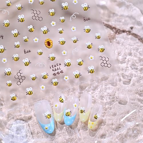 Image of Bee Nail Stickers Flower Nail Decals with Honeycomb Design 5D Embossed Self Adhesive Nails Charms Supply for Women DIY Manicure Decoration