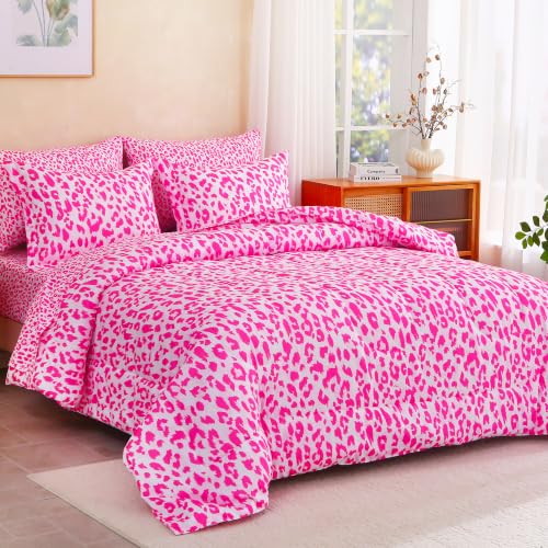 Image of lasoftan Leopard Queen Comforter Set with Sheets, 7 piece Luxury Vintage Bedding, Soft Microfiber Bed in a Bag, Cozy Lightweight Bed Set, Hot Pink Cheetah Print
