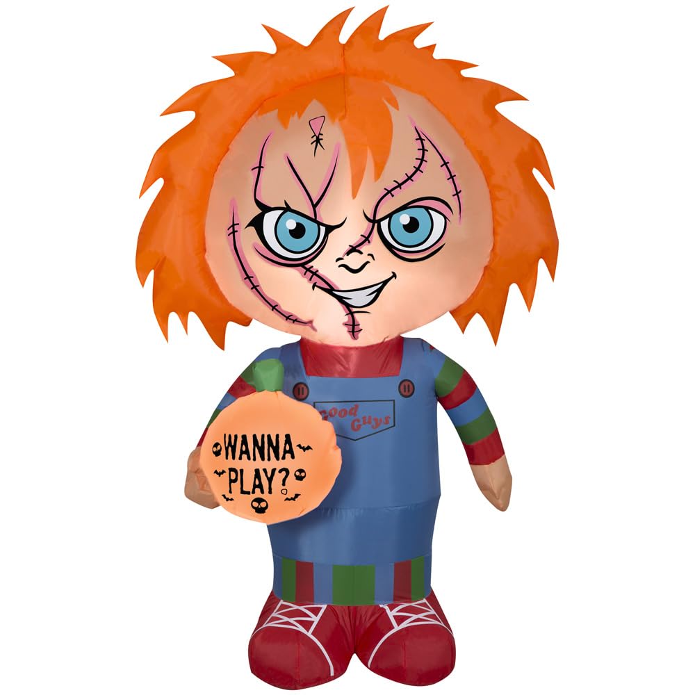 GemmyAirblown Inflatable Chucky Holding Wanna Play Pumpkin Universal, 5 ft Tall, Multi
