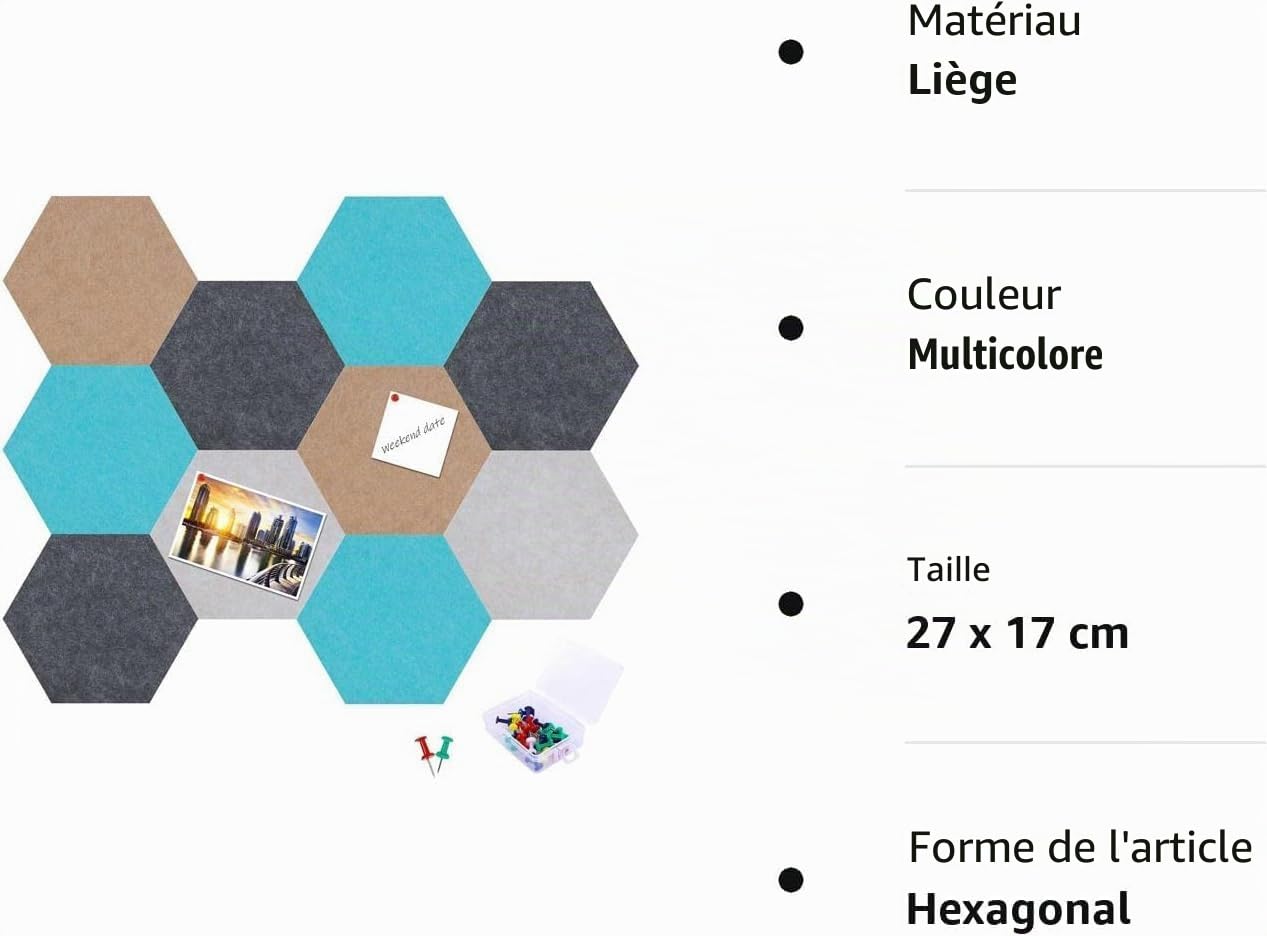 10PCS Panneau Liège Mural Hexagonal, Tableau en Liège avec 20 Épingles, DIY Plaque de Liège Colorée pour Maison Bureau (20x17cm)