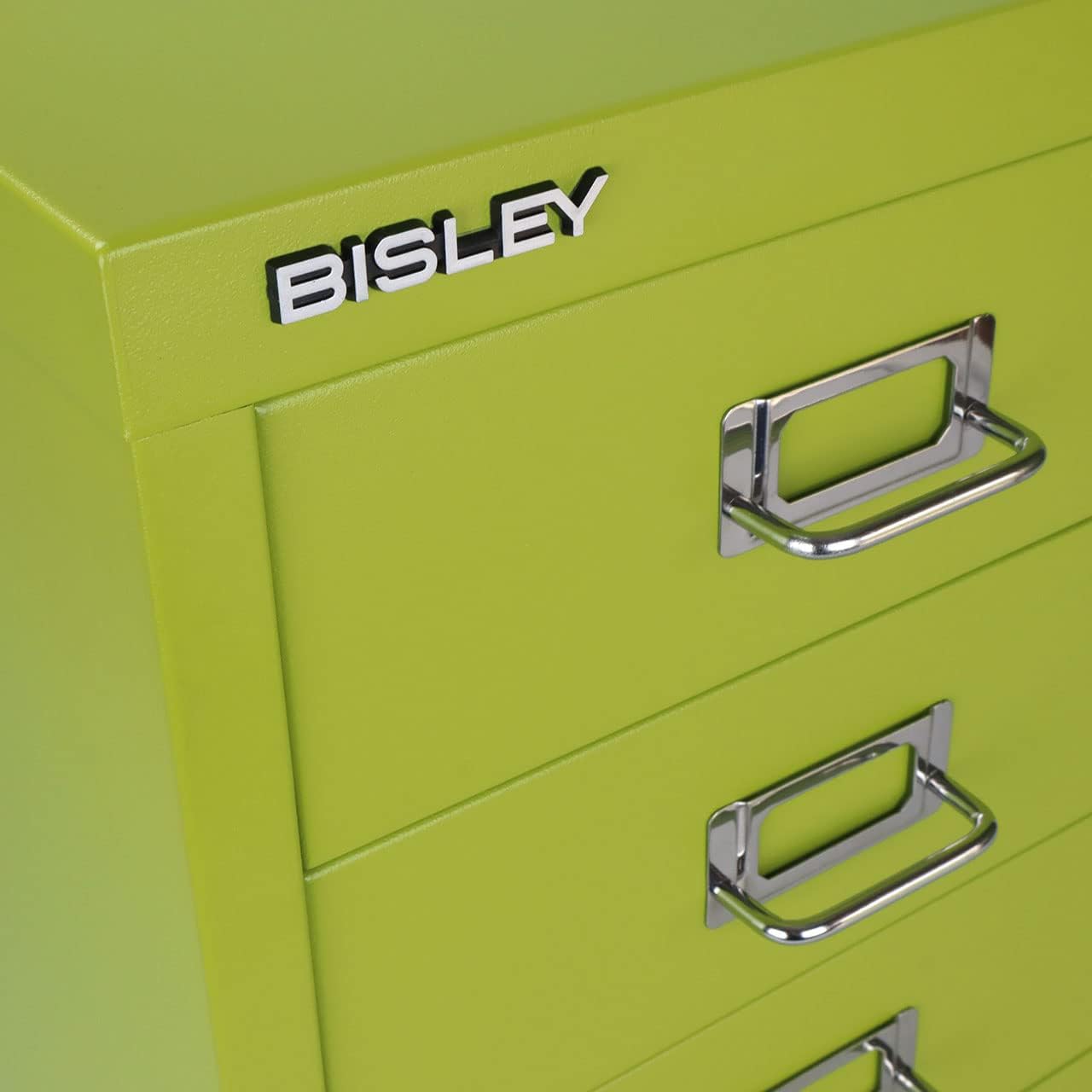 3-Drawer Steel MultiDrawer Cabinet - Bisley Green, Chrome Pull Handles with Label Holders, Powder-Coated Steel, Removable Drawers, Desktop Storage, Labels Included by Bisley