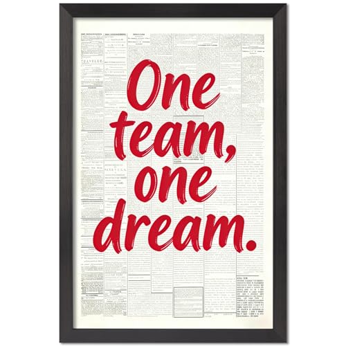 One team one dream Motivational Wall Art Poster Canvas Print Vintage Newspaper Red Teamwork Quote Positive Affirmations Office Gym Locker Room Home Decor 8X10 in Flat Black Framed